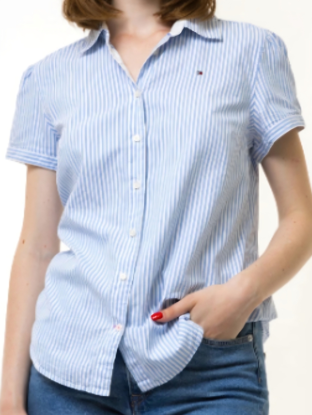 Tommy Hilfiger Striped Cotton Top in Light Blue & White Medium